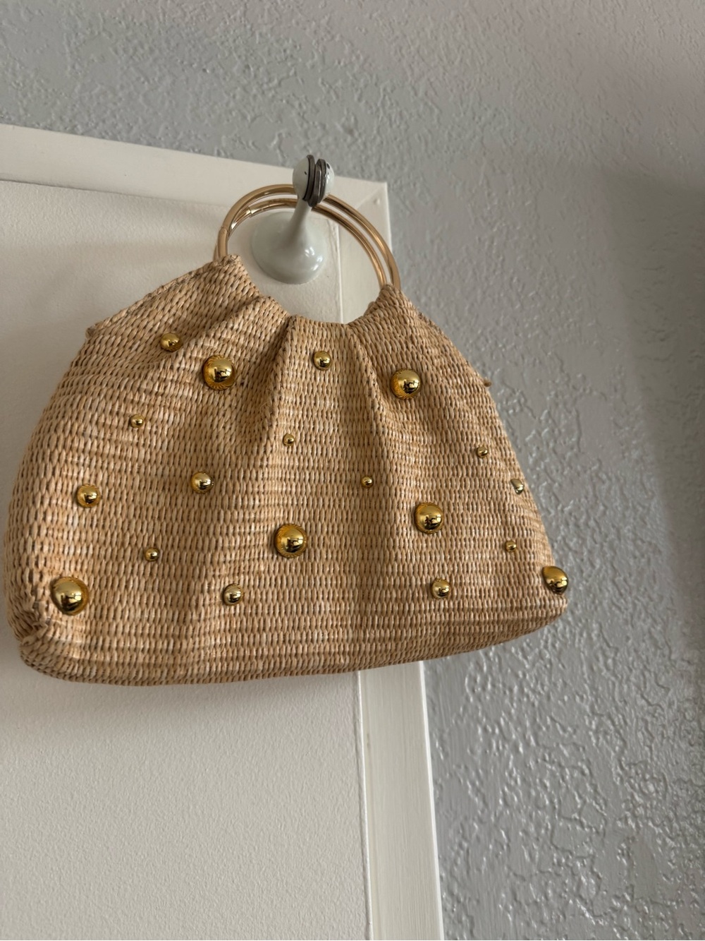 Woven Straw Tote with Gold Stud Accents - Beige